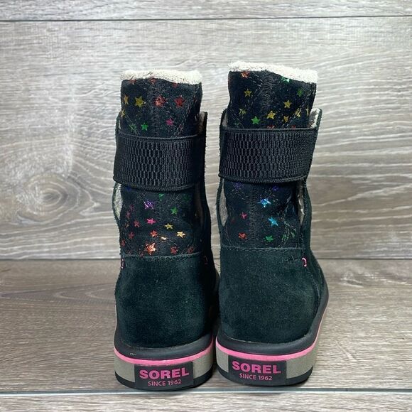 Sorel Rylee Waterproof Black Suede Warm Lined Pink Stars Toddler Girl Sz 8 Boots - Picture 4 of 13